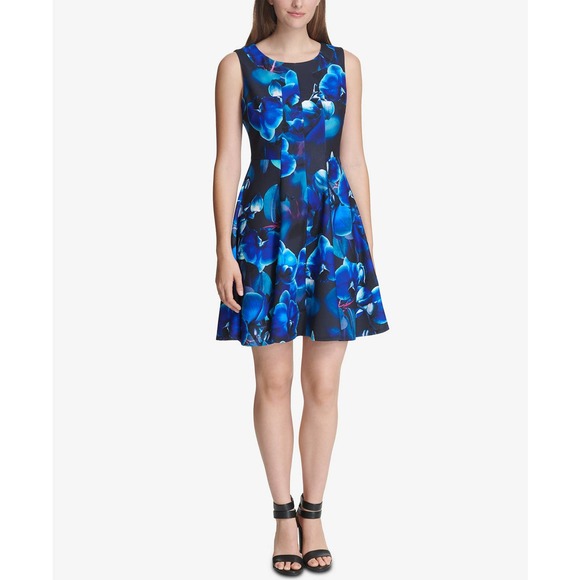 Dkny Abstract Print Pleat Neck Fit & Flare Dress Blue Size 8